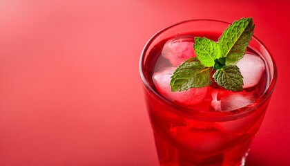 Sticker - refreshing red drink with mint and ice on red background