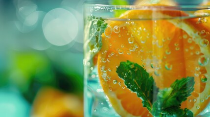 Poster - Fresh Citrus Beverage with Mint and Orange in Glass Selective Focus