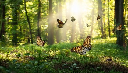 Wall Mural - serene green forest bathed in sunlight with fluttering butterflies