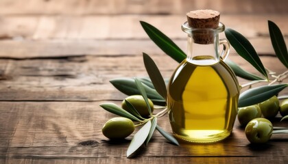 Wall Mural - bottle of olive oil with fresh green leaves and branches of tree on wooden background