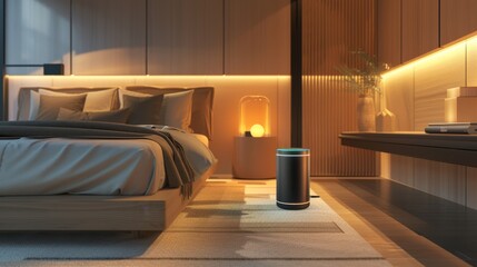 Canvas Print - Contemporary Bedroom with Soft Lighting and Autonomous Service Robot