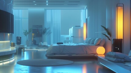 Sticker - Luxurious Bedroom with Neon Blue Lighting and Panoramic Views