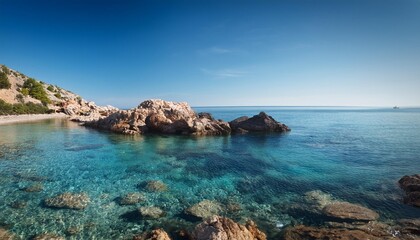 shallow blue sea with a rocky outcrop near the coastline