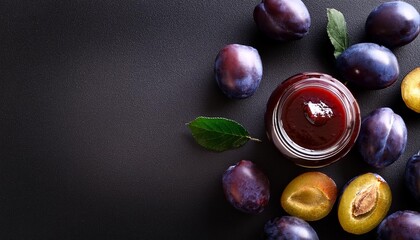 Canvas Print - plum jam and fresh berries on a black background