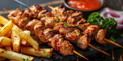 Sticker - Grilled chicken kebab served with crispy French fries and onion garnish