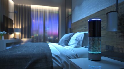 Canvas Print - Modern Bedroom in Futuristic Style with Blue Ambient Lighting and Sleek Furniture