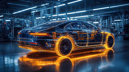 A futuristic, glowing car model in a factory setting.