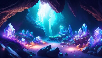 Wall Mural - mystical cave adventure background for fantasy game with glowing crystals digital art for game design and posters