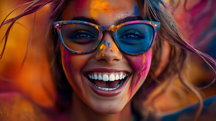 Wall Mural - Happy woman covered in colorful powder, smiling with sunglasses.