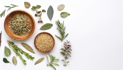 Sticker - a flat lay featuring various natural ingredients and herbs used for beauty and wellness such as rosemary eucalyptus and dried herbs on a white background