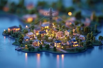 Sticker - Miniature futuristic city model illuminated at twilight showcasing urban planning and smart city concepts