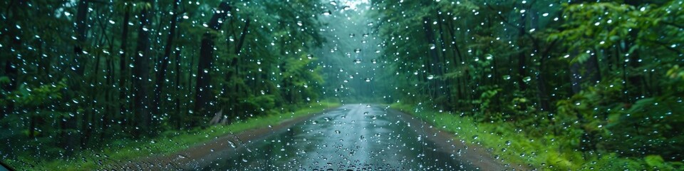 Wall Mural - Raindrops on a vehicle's windshield while navigating through wooded areas.