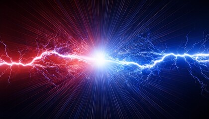 Wall Mural - a blue and red lightning bolt clash creates a burst of light in an ultramodern supernatural scene with copy space