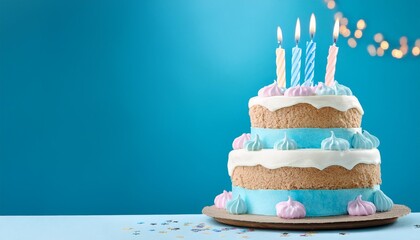 two tier birthday cake with candles against a blue background