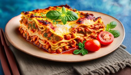 Wall Mural - grilled chicken and vegetables vibrant still life oil on canvas featuring a succulent golden brown lasagna carefully crafted to showcase the layers of tender pasta rich meat sauce and a blend of