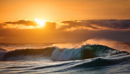 Canvas Print - big sea wave on sunset background background wave