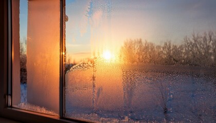 Sticker - an icy glass window at sunrise early in the winter morning