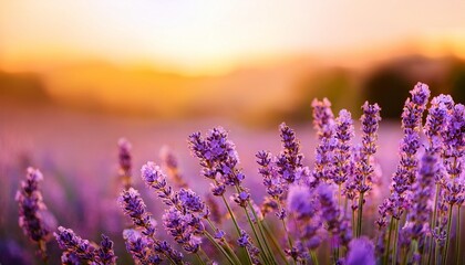 Poster - banner with soft focused lavender flowers at sunset blooming violet fragrant lavender flower summer landscape growing lavender harvest perfume ingredient aromatherapy lavender field copy space