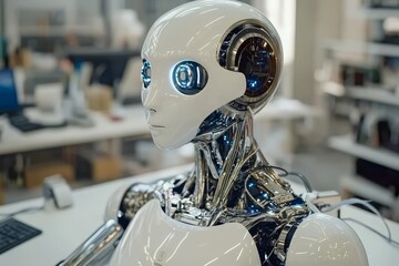 Poster - Humanoid robot head looking pensively reflecting the sophisticated design and emotional capabilities of modern robotics