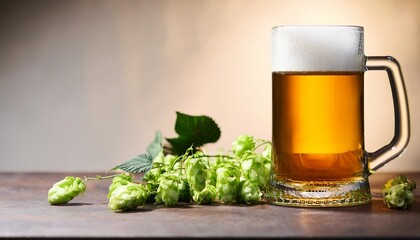 Wall Mural - beer mug on the table with green hops