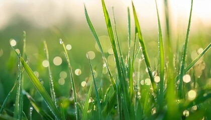 Wall Mural - green grass blades close up covered in glistening water droplets dewdrops glistening on fresh newly grown grass