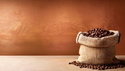 Wall Mural - sack of coffee bean with brown wall background