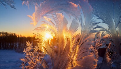 Sticker - an icy glass window at sunrise early in the winter morning