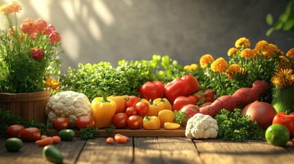 Wall Mural - Close-up of fresh organic vegetables on wooden table.