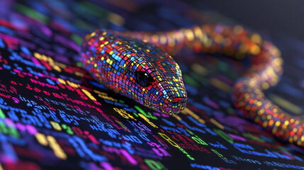 Wall Mural - A colorful, pixelated snake slithers across a field of digital code.