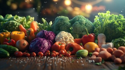 close-up of fresh organic vegetables on wooden table.