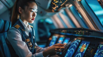 Poster - The flight attendant attentively checks necessary documents in the cockpit as twilight descends outside the airplane. Generative AI