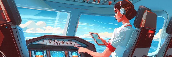 Poster - A flight attendant uses a tablet to monitor instruments while flying over a beautiful blue sky, ensuring passenger safety and comfort onboard. Generative AI