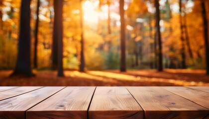 the close up picture of the empty table that has made from the wood material and placed inside forest during fall season the autumn is one of four seasons occurring between summer and winter aigx02