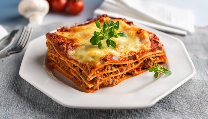 Wall Mural - gourmet italian meat lasagna baked meat lasagna garnished with fresh herbs on a table background