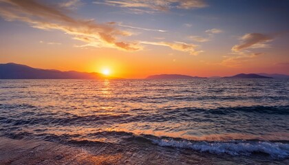 Canvas Print - stunning sunset over ionian sea in vlore albania serene water with gentle waves horizontal picture with empty space summer vacation theme backdrop