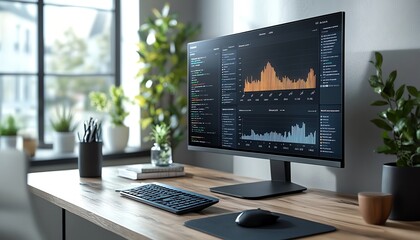 Computer monitor displaying colorful data analytics, modern interface, focused work environment
