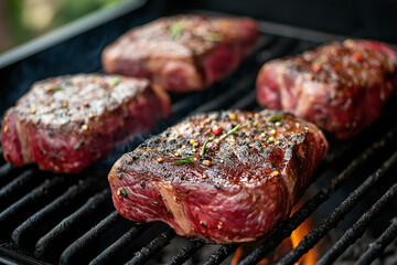 Wall Mural - Gourmet steaks grilling on a black grill grate.