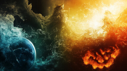 Wall Mural - Abstract cosmic scene with fire and water elements.