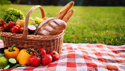 a wicker picnic basket filled with various fresh vegetables fruits and a loaf of bread on a checkered blanket outdoors