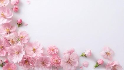 Wall Mural - scattered pink flowers on white background with copy space for floral arrangements nature and botanical designs