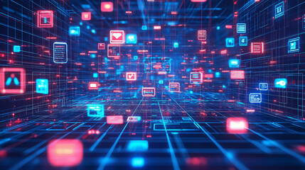 A futuristic abstract digital landscape with glowing blue and red squares.