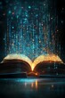 © Creative_Bringer - Open book with digital data streams, glowing binary code, dark background, knowledge and technology fusion