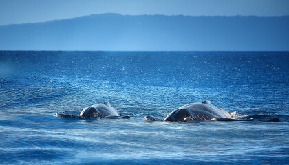 Wall Mural - A whale calf swimming closely beside its mother, their bodies creating gentle ripples in the