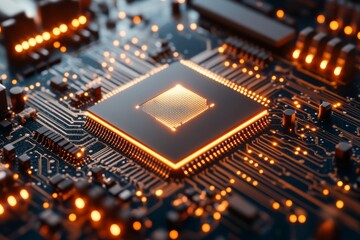 Wall Mural - Close up of a glowing microchip in an intricate circuit board symbolizing modern electronics and the complexity of advanced technology in a sleek high tech design