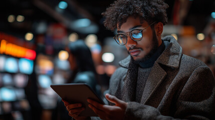 Poster - A man wearing glasses is looking at a tablet. He is wearing a black coat and he is in a dark room