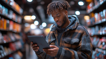 Poster - A man is looking at a tablet in a store. He is wearing a plaid jacket. The scene is set in a store with many books on the shelves