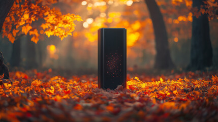 Poster - A black box is sitting in a field of autumn leaves. The box is surrounded by a colorful and vibrant scene, with the leaves on the ground creating a warm and inviting atmosphere
