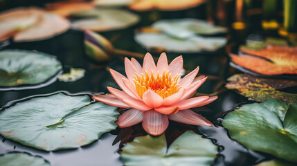 A delicate pink water lily blossoms in a serene pond surrounded by lush green lily pads.