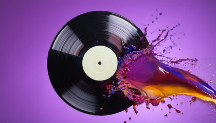 vinyl record splashing paint abstract art on purple background