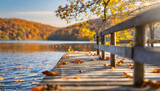 Pomost nad jeziorem jesienią krajobraz fototapeta